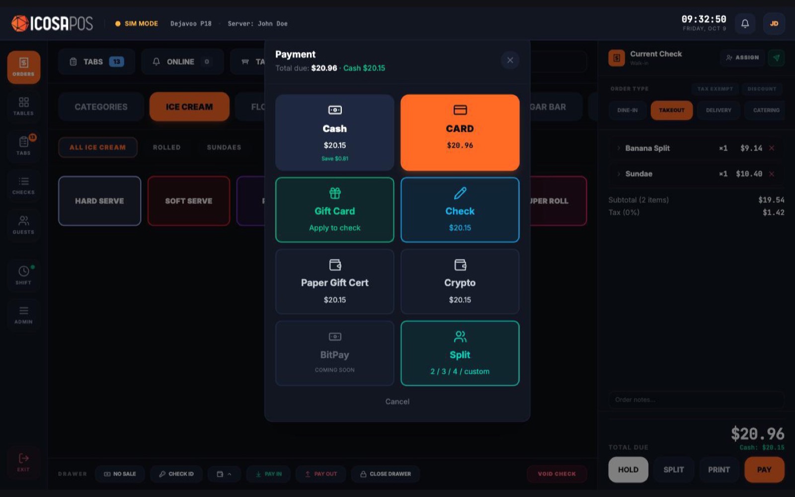 POS payment screen with card, cash dual pricing and split options