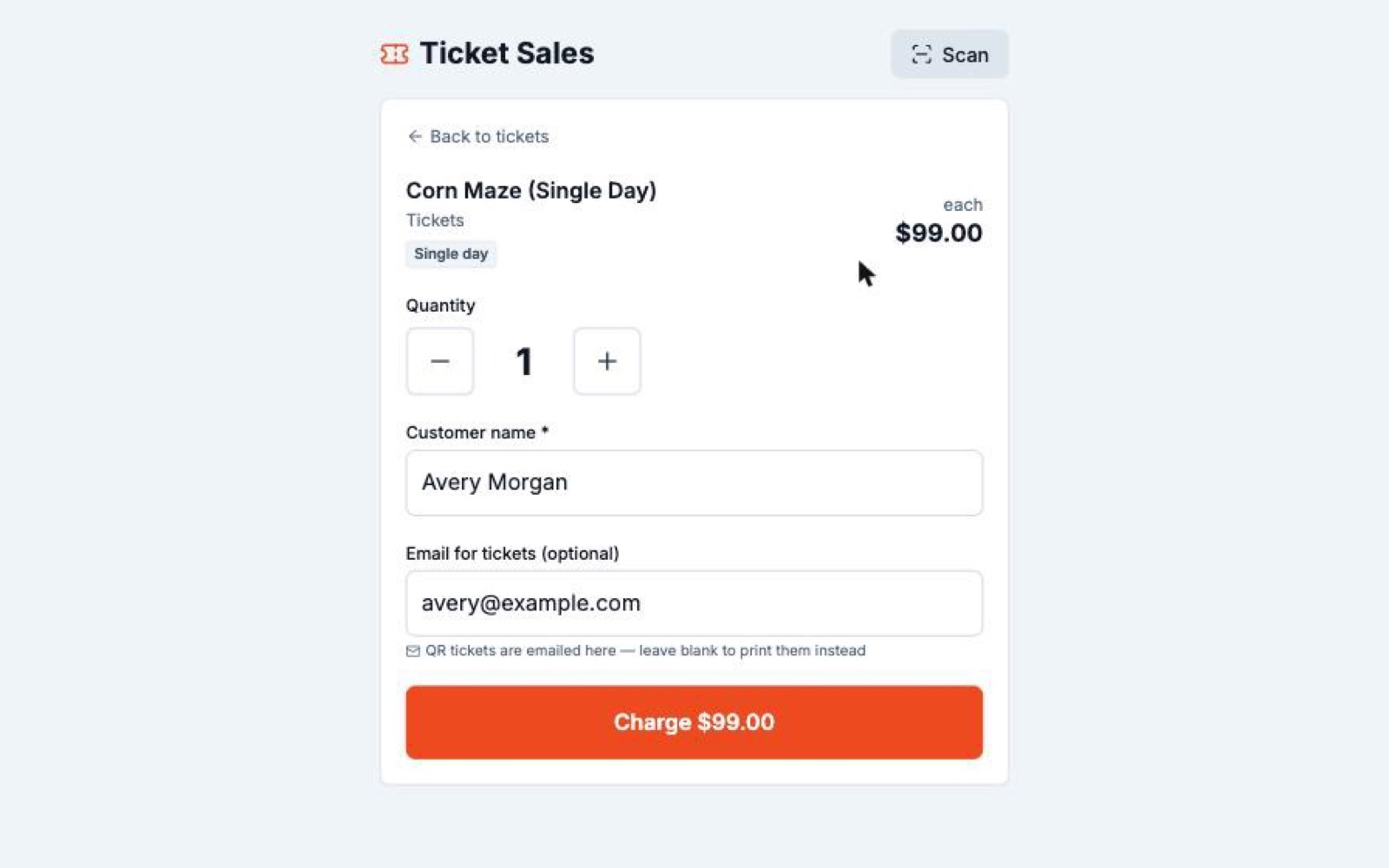 Selling a ticket at the door — quantity, customer and wallet delivery
