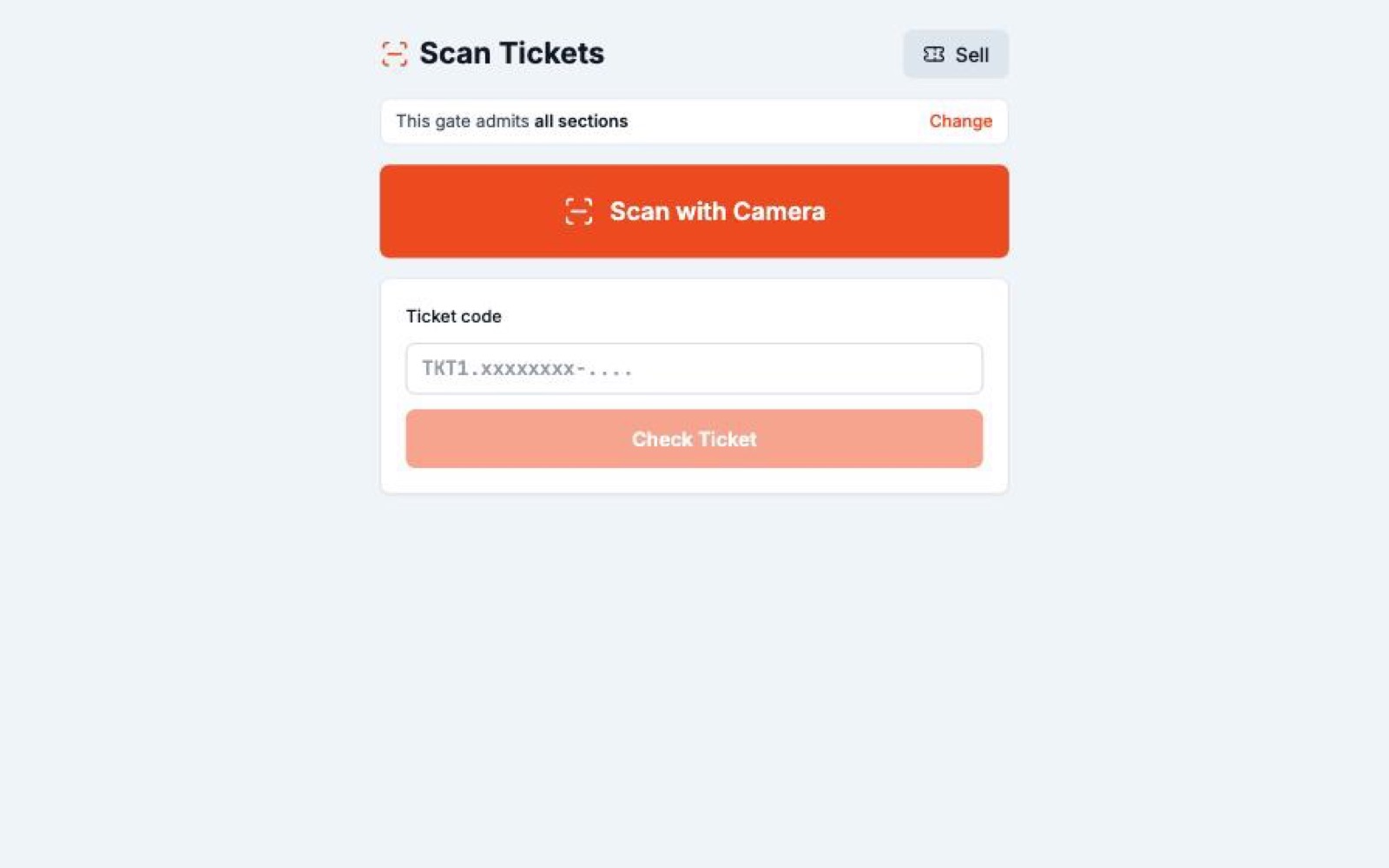 Scanning tickets at the gate with camera or code entry